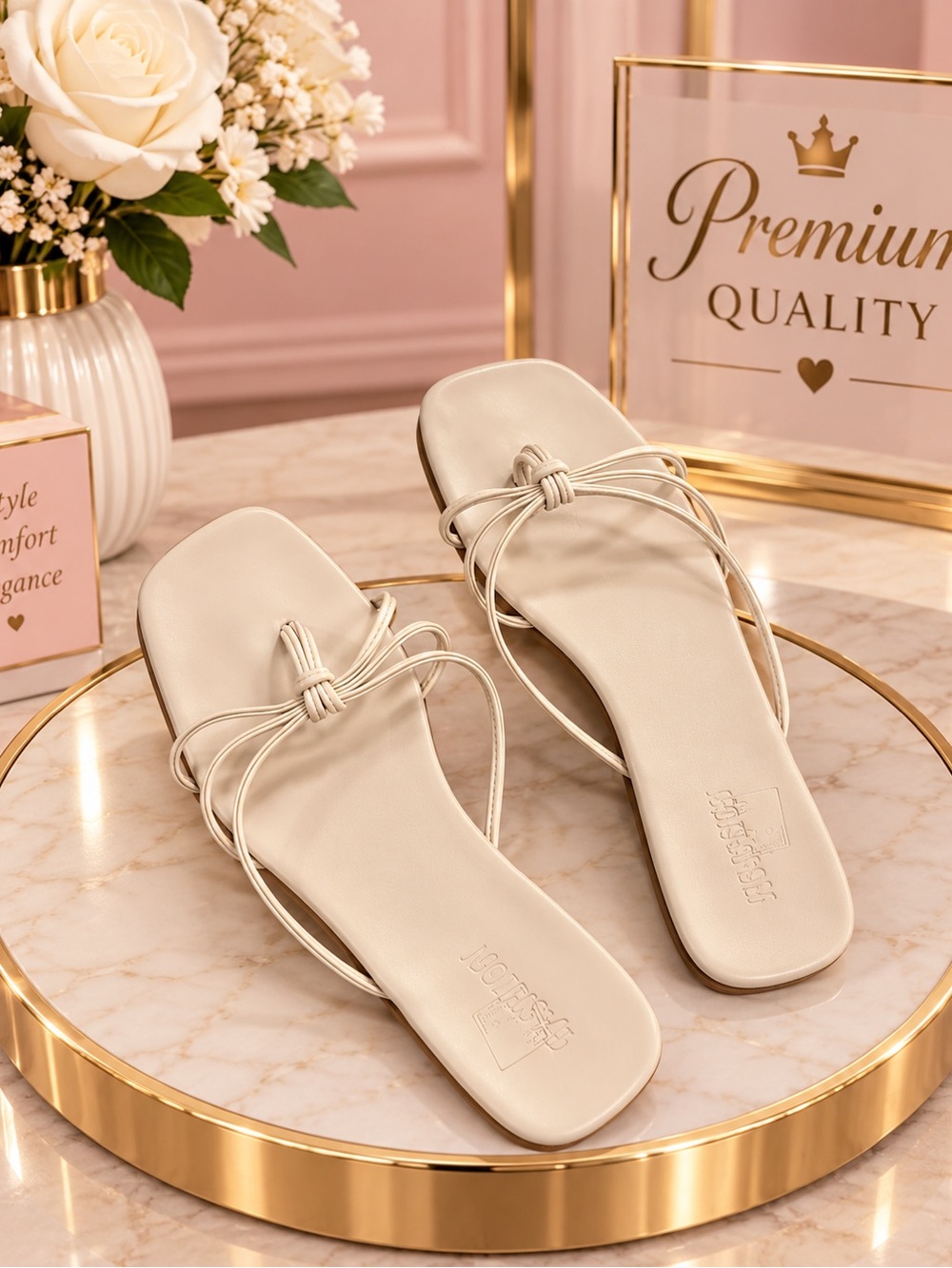 Women's Cream Strappy Knot Slide Sandals